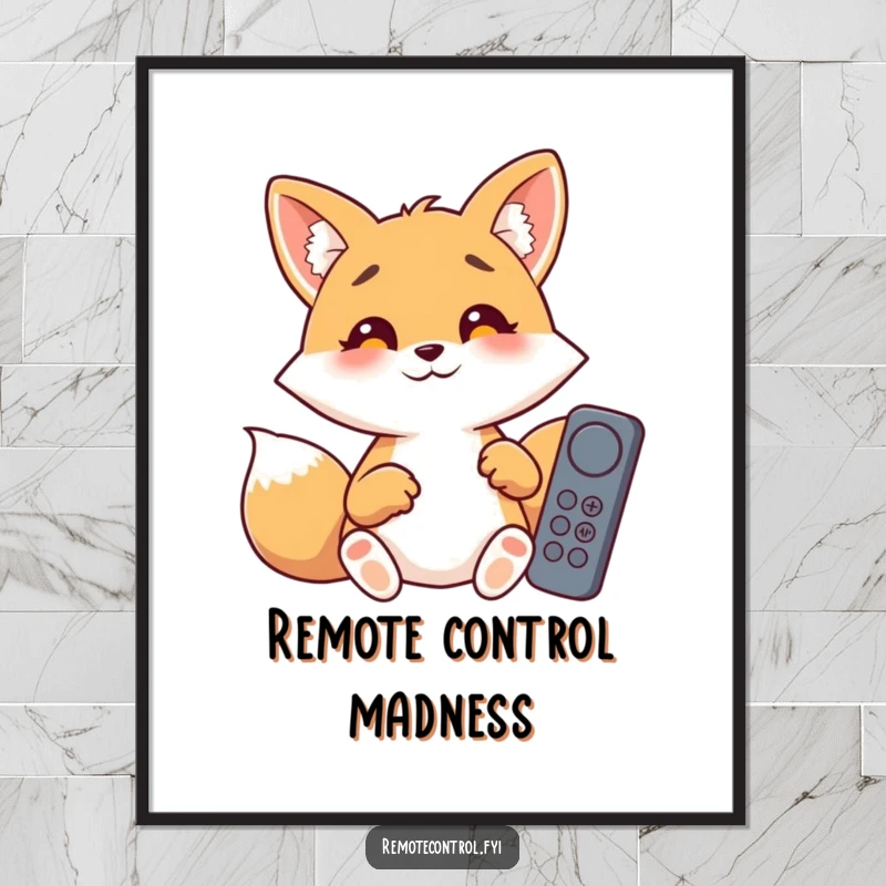 Funny giggling fox with wide, surprised eyes, fumbling with numerous remote control buttons, offered as a humorous digital art print.