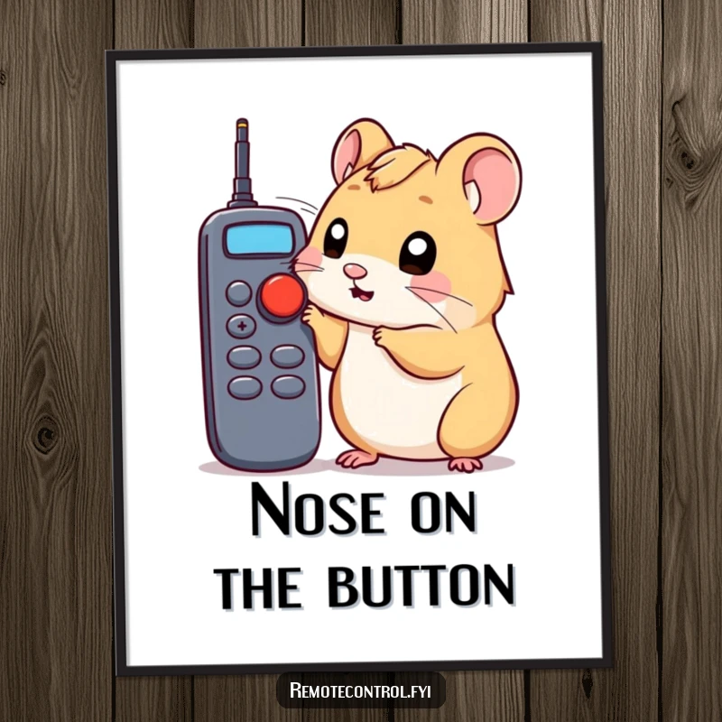 Funny hamster digital art print showing a curious hamster poking a remote control button, a humorous and downloadable artwork.