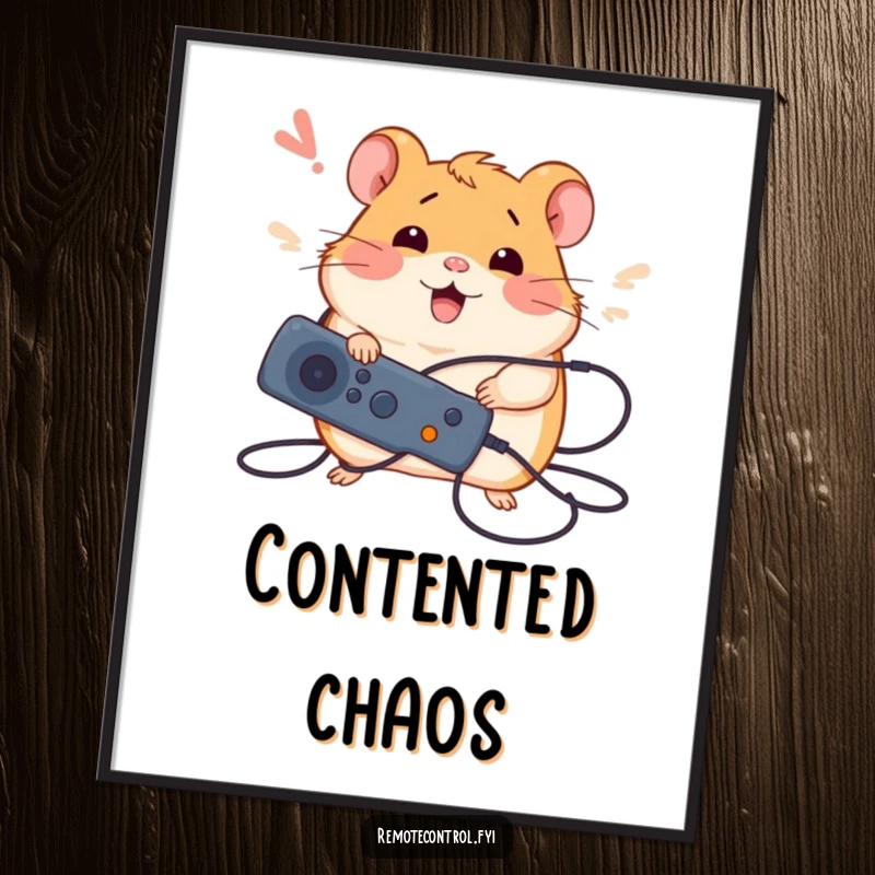 Funny digital art print of a silly hamster happily tangled in wires, holding a remote with a sigh of relief, celebrating tech survival.