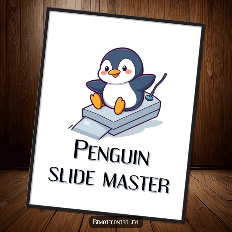 Funny penguin digital art print showing a playful penguin sliding down a remote control like a ramp, a humorous and downloadable artwork.