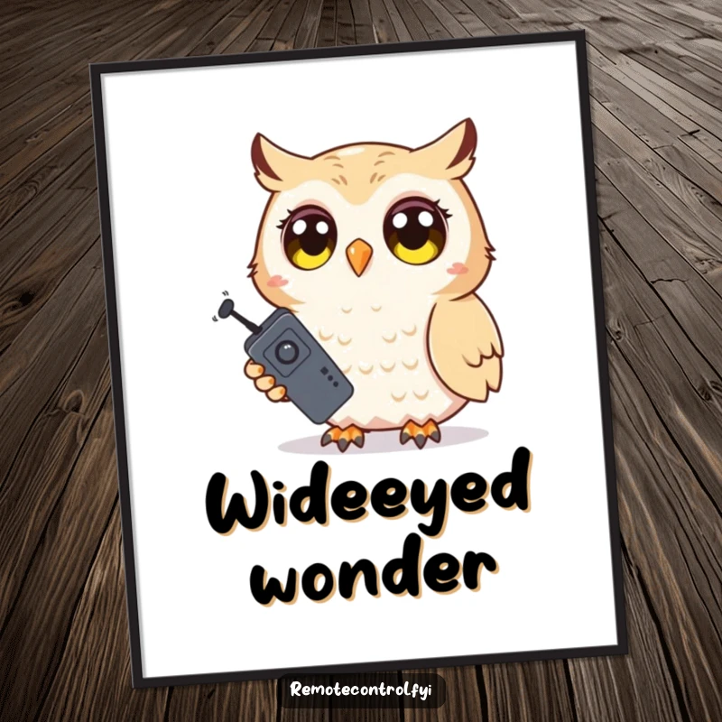 Funny Owl Digital Art Print: Shy owl character holding a TV remote with wide, surprised eyes, symbolizing moments of gentle astonishment.