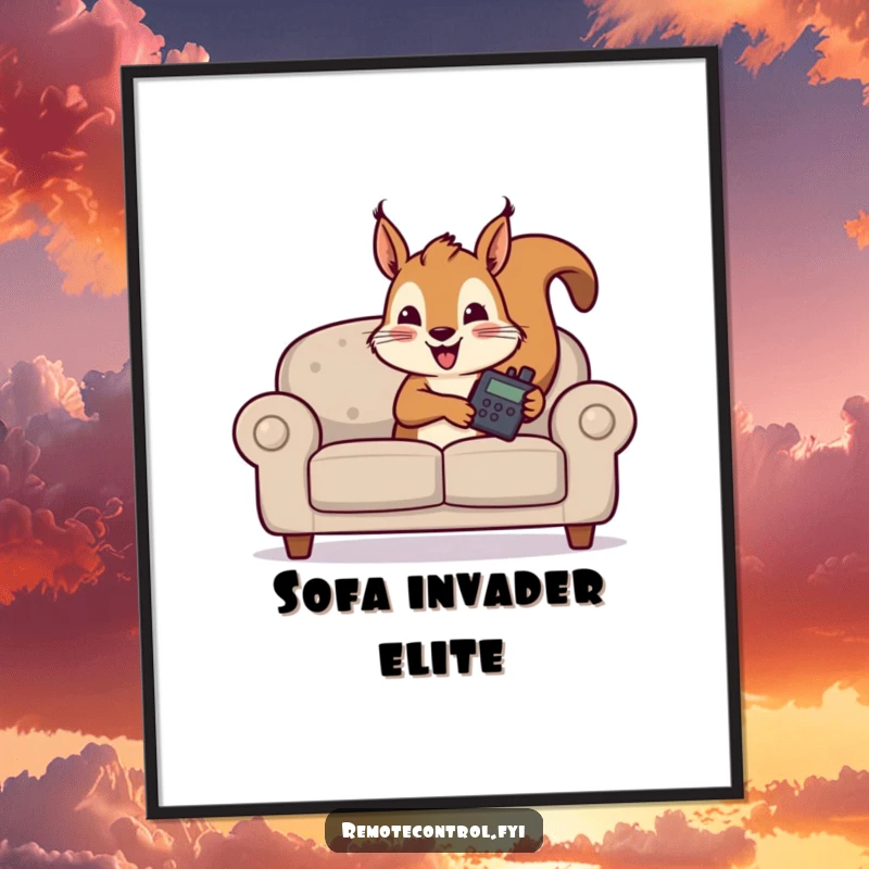 Funny digital art print showing a sly squirrel hiding behind a sofa, clutching a TV remote with comedic intent.