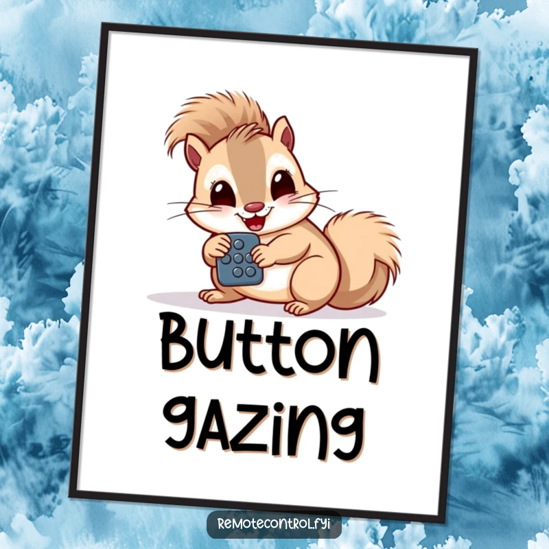 Funny giggling squirrel intently studying a remote control with large buttons as digital art.