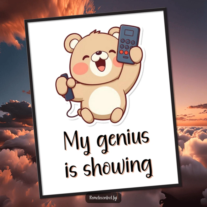 Funny digital art print of a delighted bear character holding a remote control upside down, smiling. Instant downloadable humor.