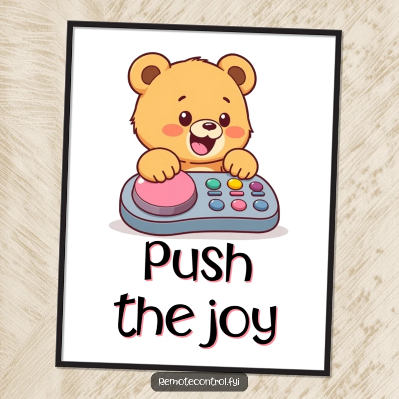 Funny bear cub digital art print, a happy cub mashing a giant colorful button on a remote, perfect for instant wall decor.