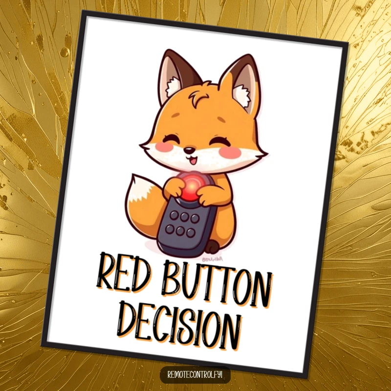 Funny fox digital art print, a sly fox character is about to press a luminous red button on a remote, evoking curiosity.