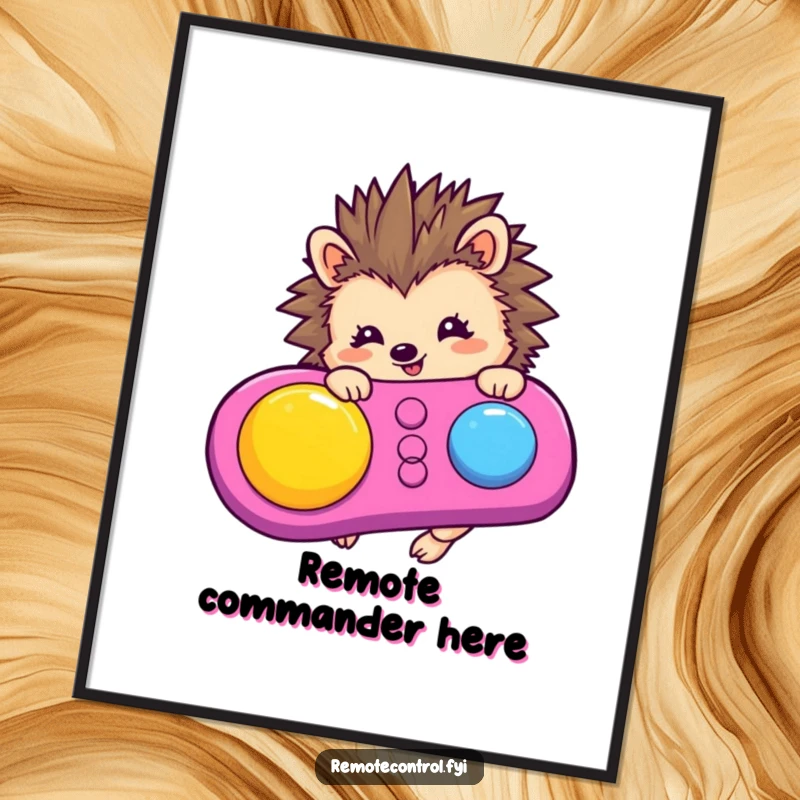 Funny hedgehog character pressing a large button on a colorful remote control, offered as a vibrant digital art print.