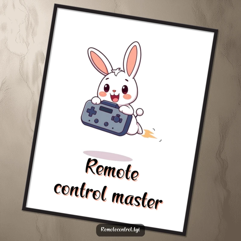 Funny bunny digital art print, a happy character bunny zooms airborne holding a massive remote control, a whimsical and funny illustration.