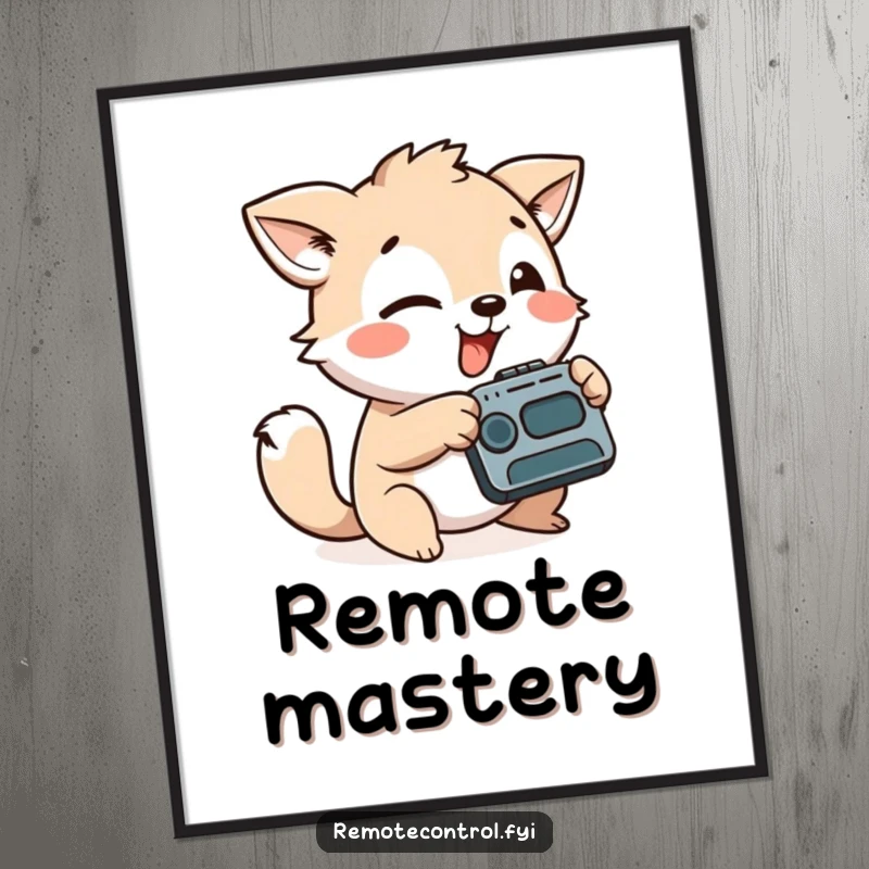 Funny digital art print of a playful animal character aiming a remote control with a silly face, perfect for entertainment decor.