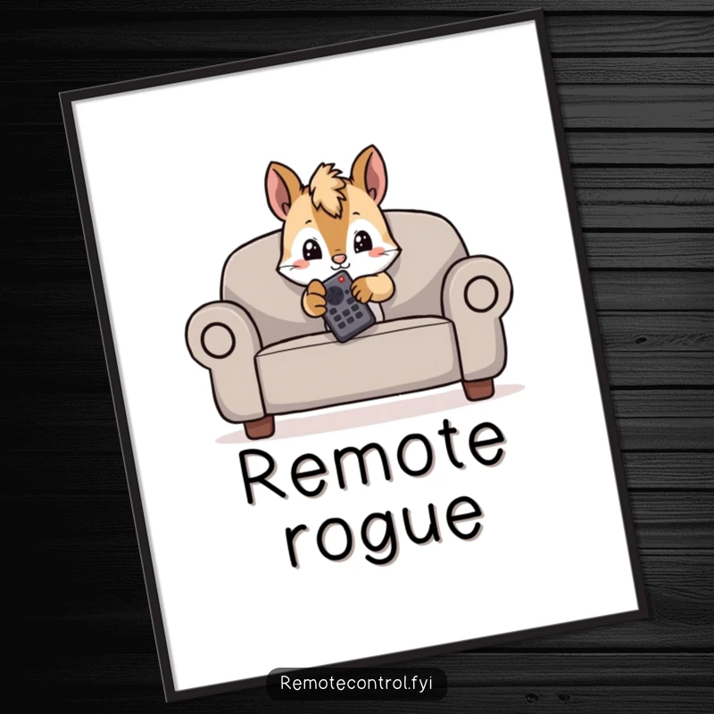 Funny digital art of a mischievous squirrel hiding behind a couch, peeking with a TV remote.