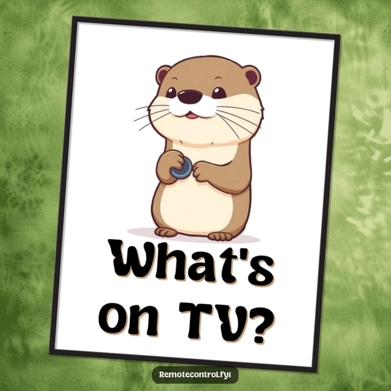 Funny curious otter pressing buttons on an invisible remote, available as a downloadable humorous digital art print.