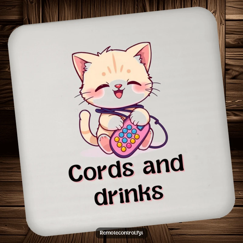 Funny kitten coaster, a giggling kitten is playfully tangled in remote control cords, adding humorous decor to surfaces.
