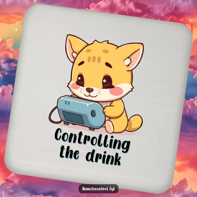 Funny drink coasters featuring a curious animal character examining a remote control with intense interest, perfect for conversation starters.