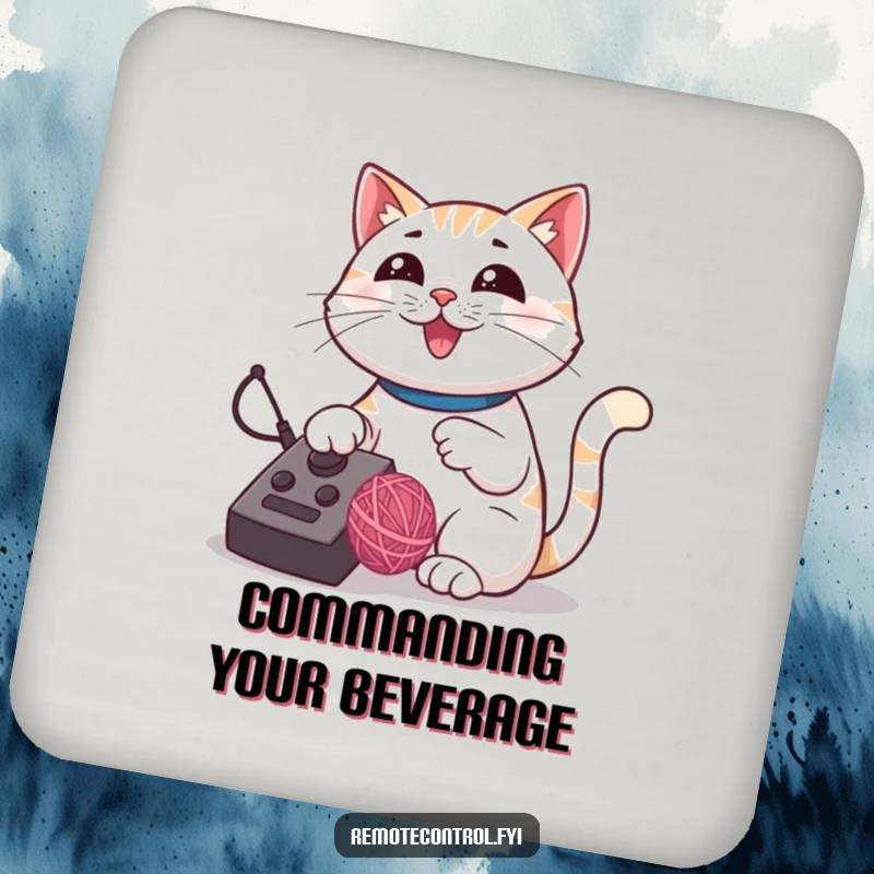 Funny cat drink coaster featuring a proud cat using a remote control to manage a bouncing yarn ball.