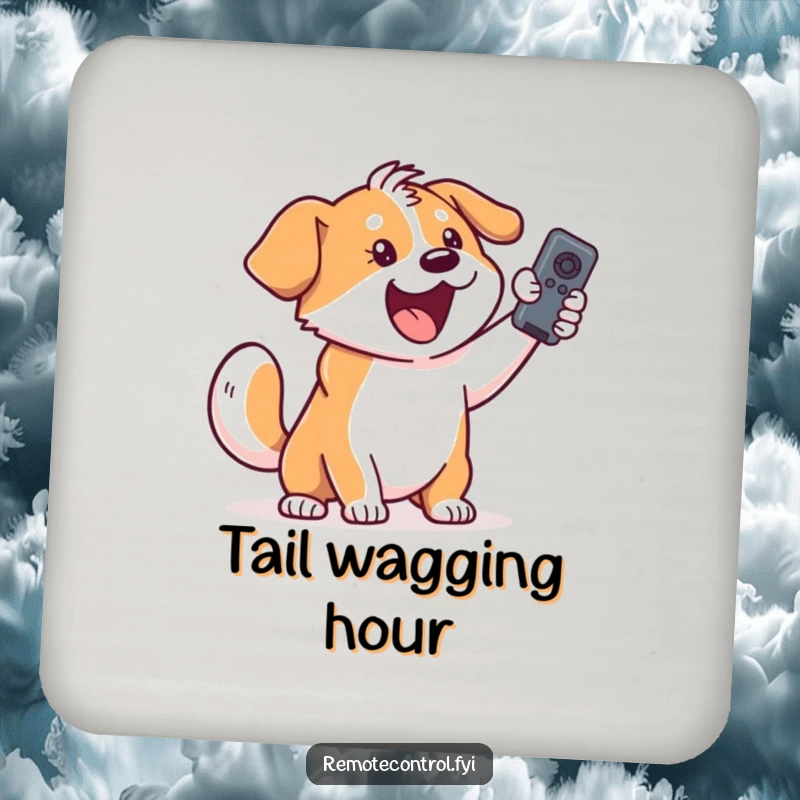 Funny dog drink coaster featuring an excited dog holding a remote control, adding humor to tabletops.