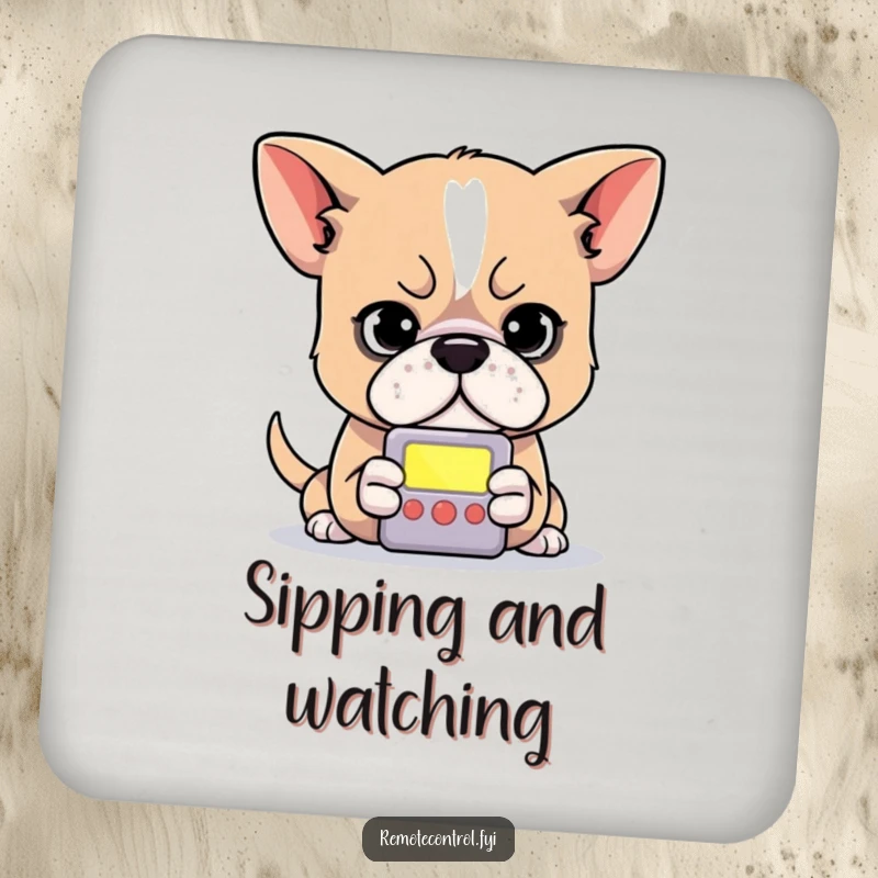 Funny dog drink coaster featuring a determined dog intently focused on the small, glowing screen of a remote control.