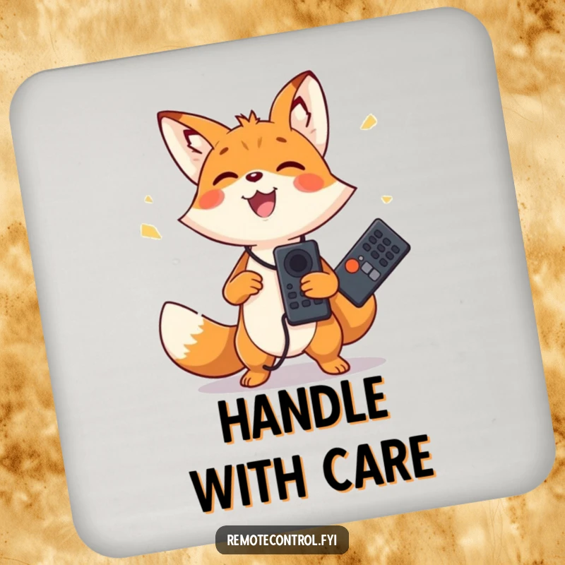 Funny drink coaster with a happy fox character joyfully juggling two remote controls. Protects surfaces with humor.