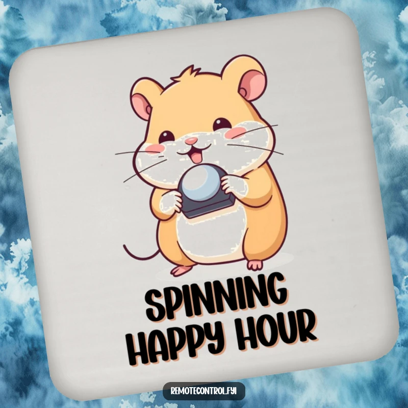Funny Hamster Coaster: Playful hamster character spinning a TV remote control on its nose, adding a humorous touch to drink service.