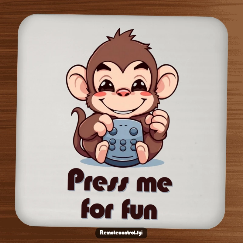 Funny monkey drink coaster featuring a mischievous monkey with a wide grin, pretending to be a remote control.