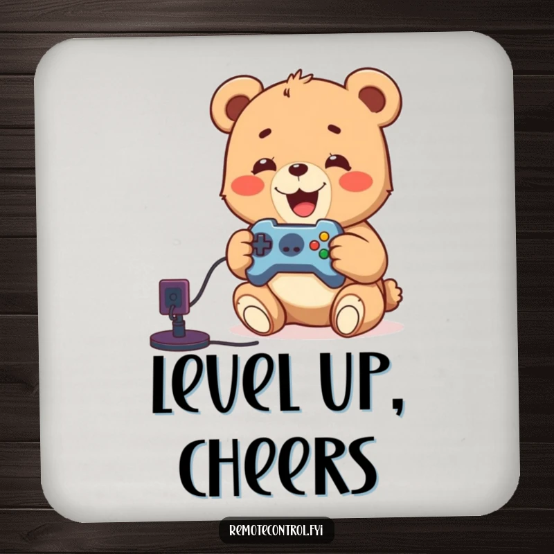 Funny drink coaster with a delighted bear cub holding a remote, ready to play video games, protecting surfaces with gamer style.