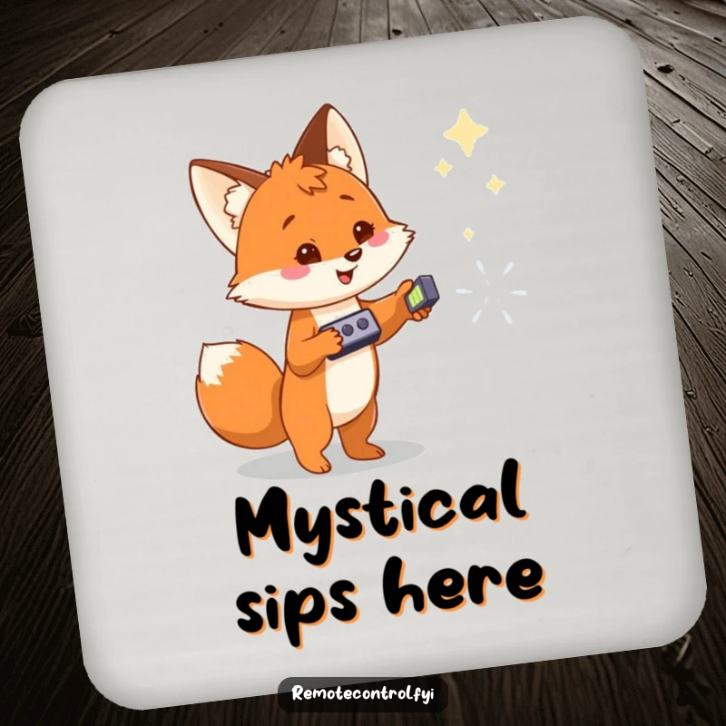 Funny drink coaster with a cheerful fox holding a remote, pointing at a magical object, protecting surfaces with fantasy style.