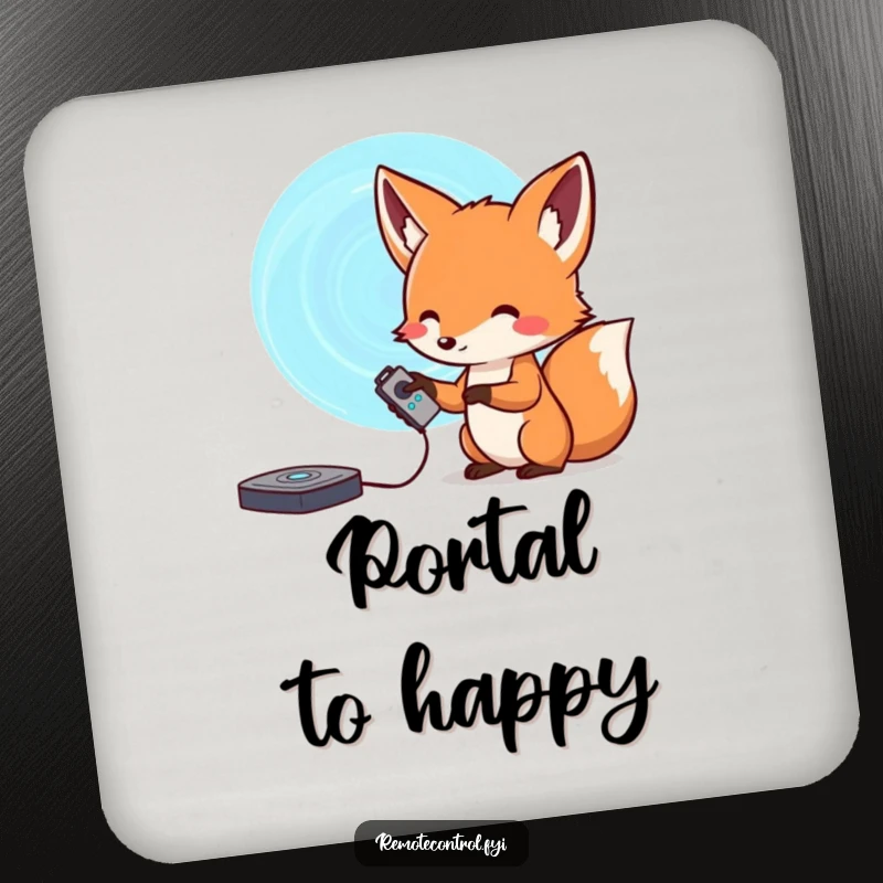 Funny fox drink coasters, a curious fox holding a remote pointing at a swirling portal, protecting surfaces humorously.