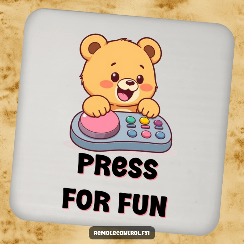 Funny bear cub drink coasters, a happy cub mashing a large button on a remote, protecting tables with humor.