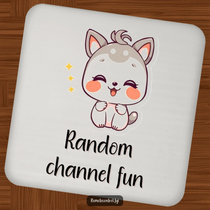 Funny drink coaster showcasing a giggling animal character with mischievous delight, changing TV channels while protecting surfaces.