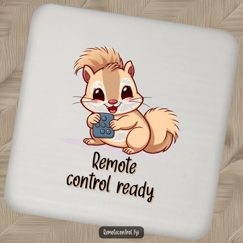 Funny giggling squirrel intently studying a remote control with large buttons on a drink coaster.