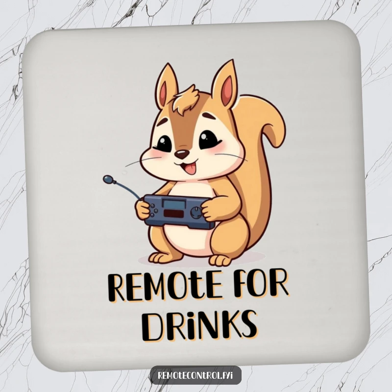 Funny drink coaster featuring a happy squirrel character holding a remote control in both paws, with a look of intense focus.