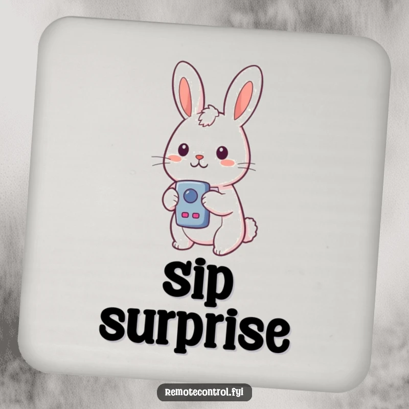 Funny Kawaii Rabbit Drink Coaster with a surprised rabbit holding a remote control and looking at a button, protecting surfaces.