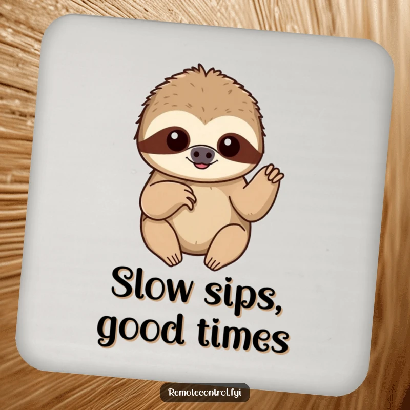 Funny content sloth slowly pushing a button with a single finger, printed on a protective and humorous drink coaster.