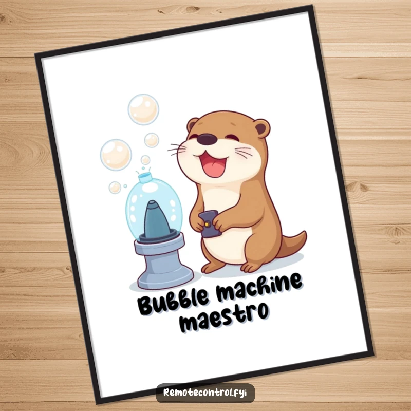 Funny otter character joyfully using a remote to trigger a bubble machine on a poster, showcasing a hilarious scene of bubbly entertainment.