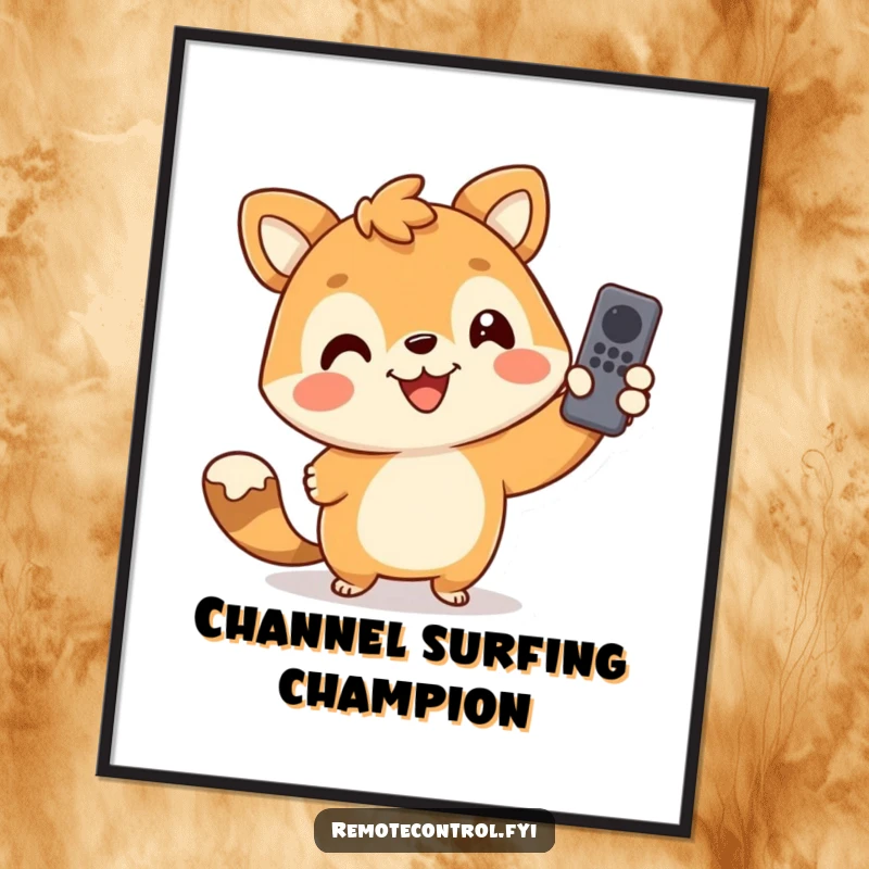 Funny poster of a grinning animal commander pointing a remote control, exuding a playful and joyous attitude towards screen time.