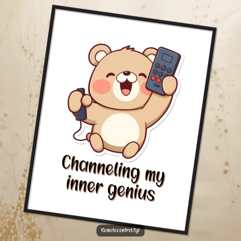 Funny poster art of a delighted bear character holding a remote control upside down with a contented smile. Whimsical decor.