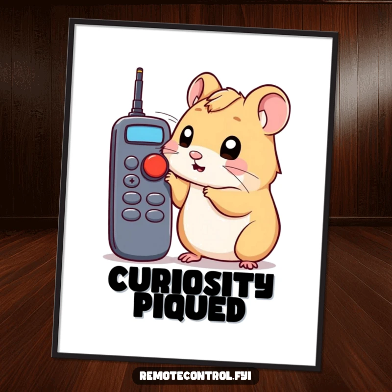 Funny hamster poster showing a curious hamster poking a remote control button with its nose, humorous wall art.