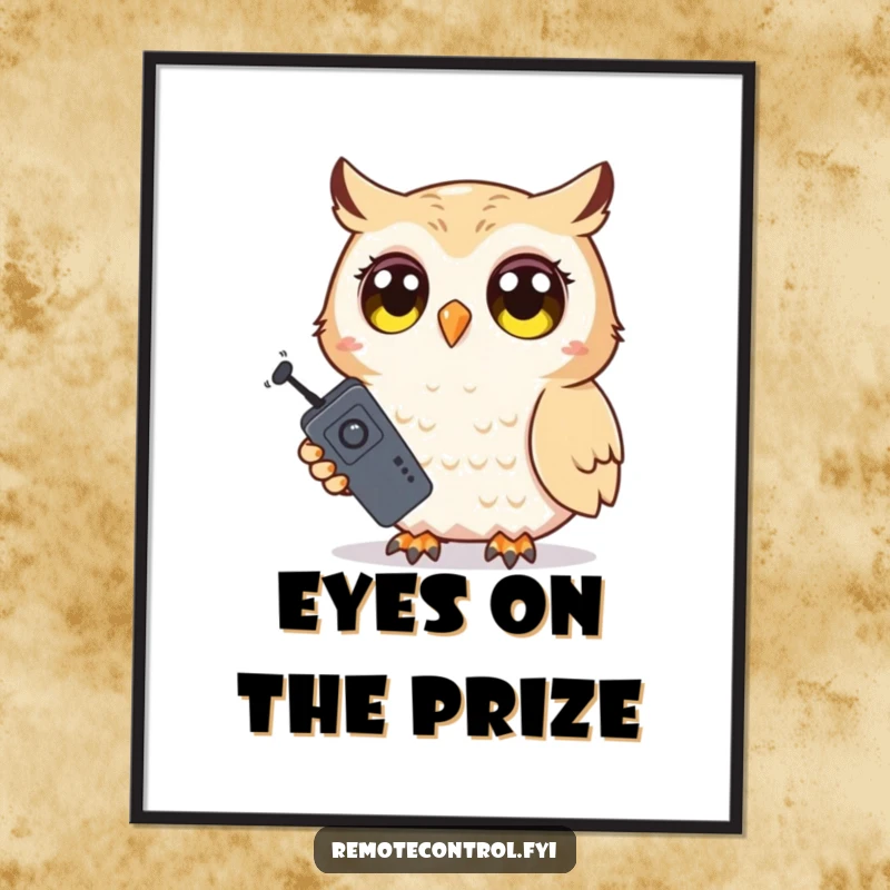 Funny Owl Poster: Shy owl character holding a TV remote with wide, surprised eyes, captured in a moment of delightful astonishment.
