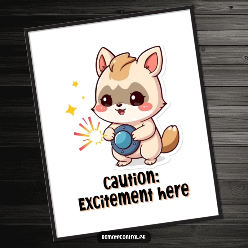 Funny poster of a mischievous animal character activating a button, creating a spectacular display of colorful sparks, full of playful intent.