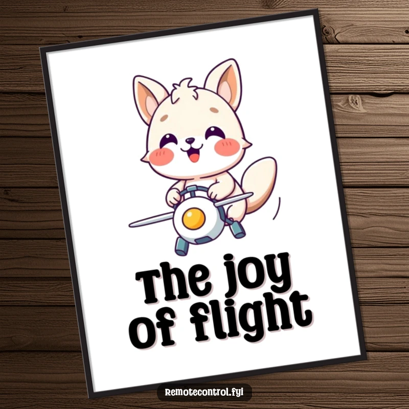 Funny poster of a happy animal character concentrating with joy while operating a flying toy in mid-air.