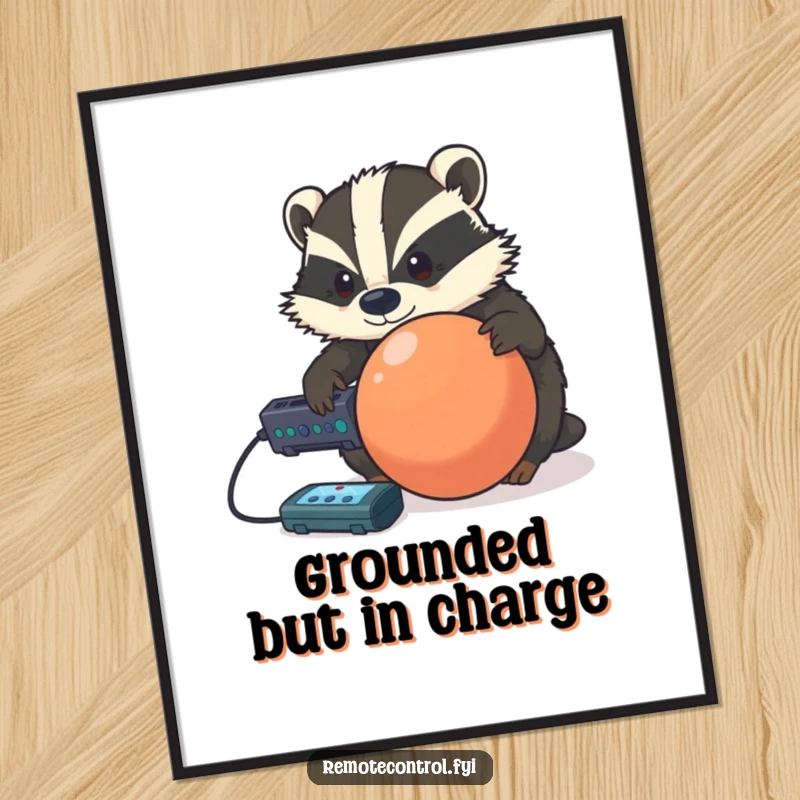Funny determined badger trying to control a rolling ball with a remote, presented as humorous wall art.