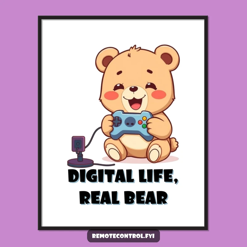 Funny Bear Cub Video Game Poster: Delighted Cub's Gaming Night, Artistic Funny Gift