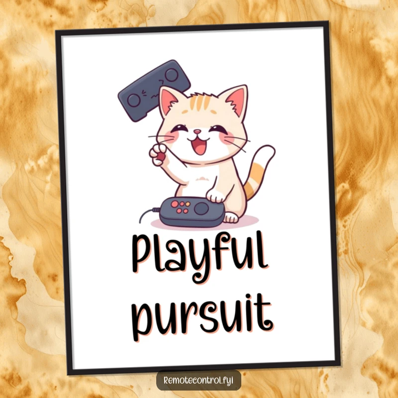 Funny Cat Remote Poster depicting a playful cat batting at a remote control with its paw, adding fun to walls.