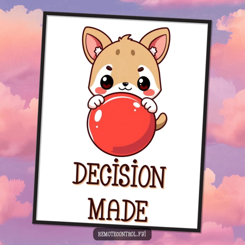 Funny Poster: Cute Animal Character Eagerly Pressing a Large Red Button with Determined Expression, Capturing Action and Humor.