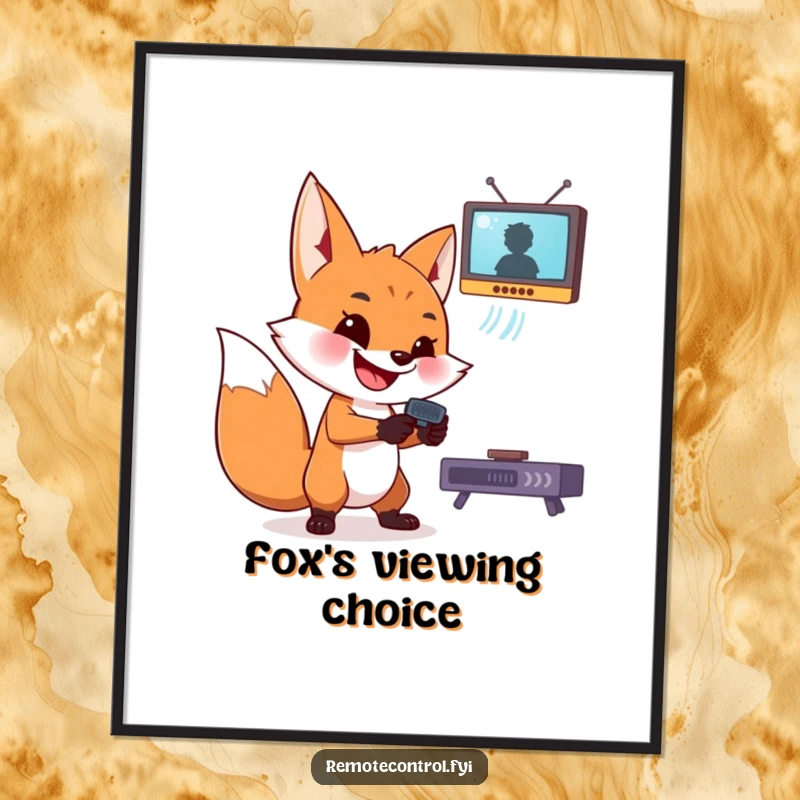 Funny fox poster showcasing a sly fox with a wide grin, aiming a remote at a suspended TV screen.