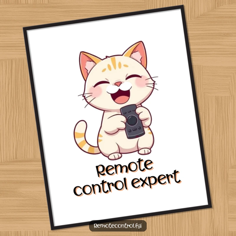 Funny poster of a giggling cat character holding a remote control, pointing it playfully, adding humorous charm to walls.