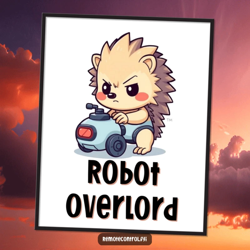 Funny kawaii hedgehog with a determined look controlling a tiny robot on a poster.