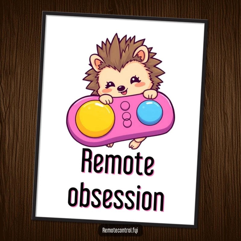 Funny hedgehog character gleefully pressing a button on a large remote control, depicted as vibrant wall art.
