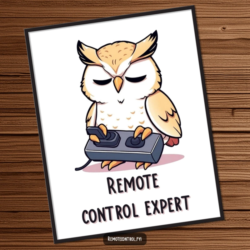 Funny kawaii owl concentrating intensely on a remote control on a poster.