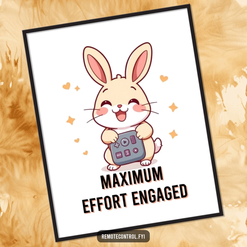 Funny rabbit poster, a cheerful rabbit energetically pressing numerous buttons on a remote control, full of life and humor.