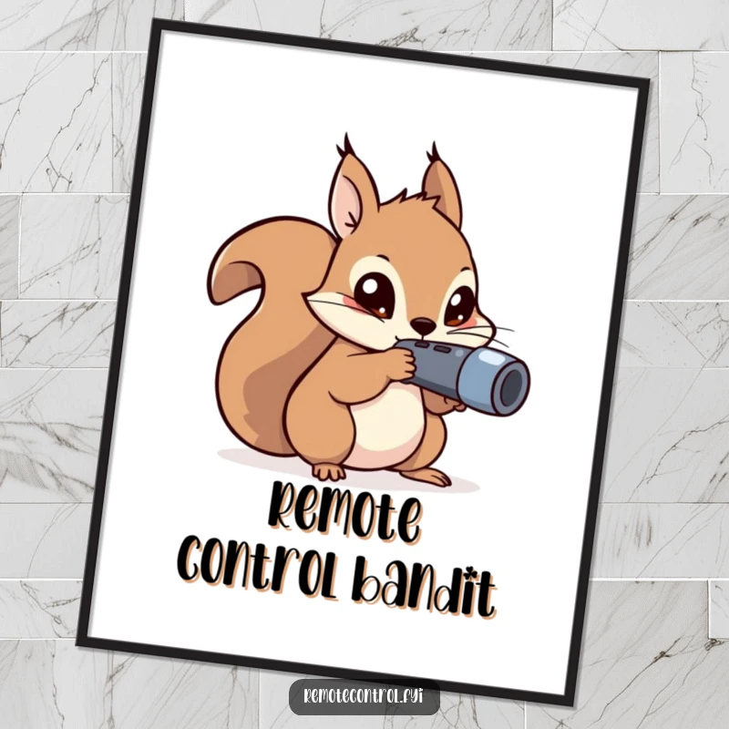 Funny kawaii squirrel with mischievous eyes aiming a remote control on a poster.